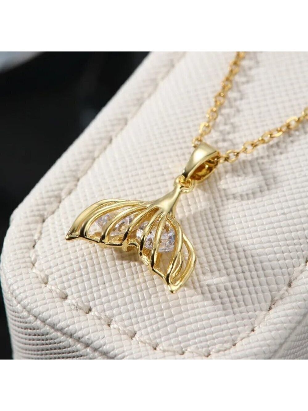 18K Gold Plated Stainless Steel Hollow Mermaid Tail with Zircon Stones Pendant